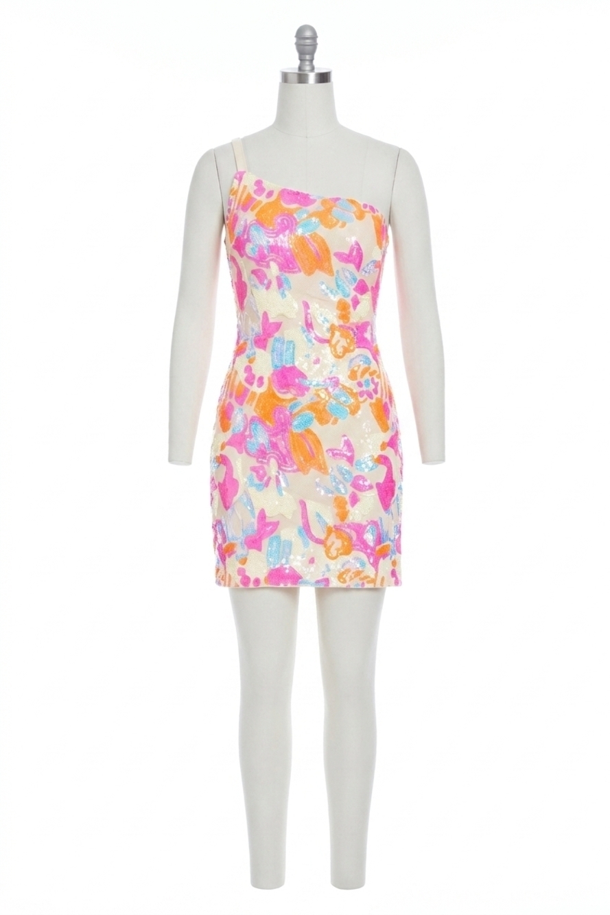 NEW JOVANI short fitted sequin cocktail dress in white/orange/fuchsia